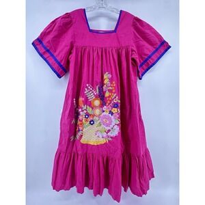 Go Softly Patio Hot Pink Muumuu Dress Embroidered Boho Cottagecore Fairy Size M